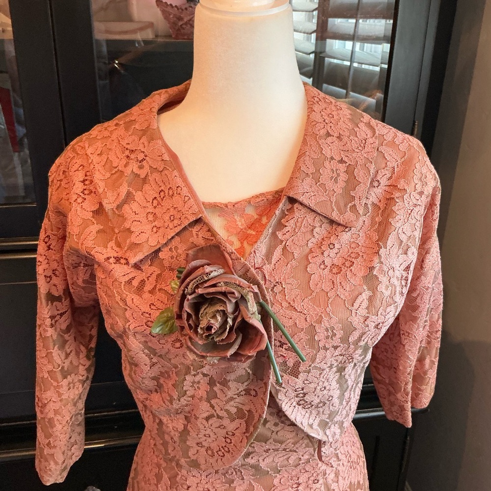 Pink Lace Dress with Floral Brooch